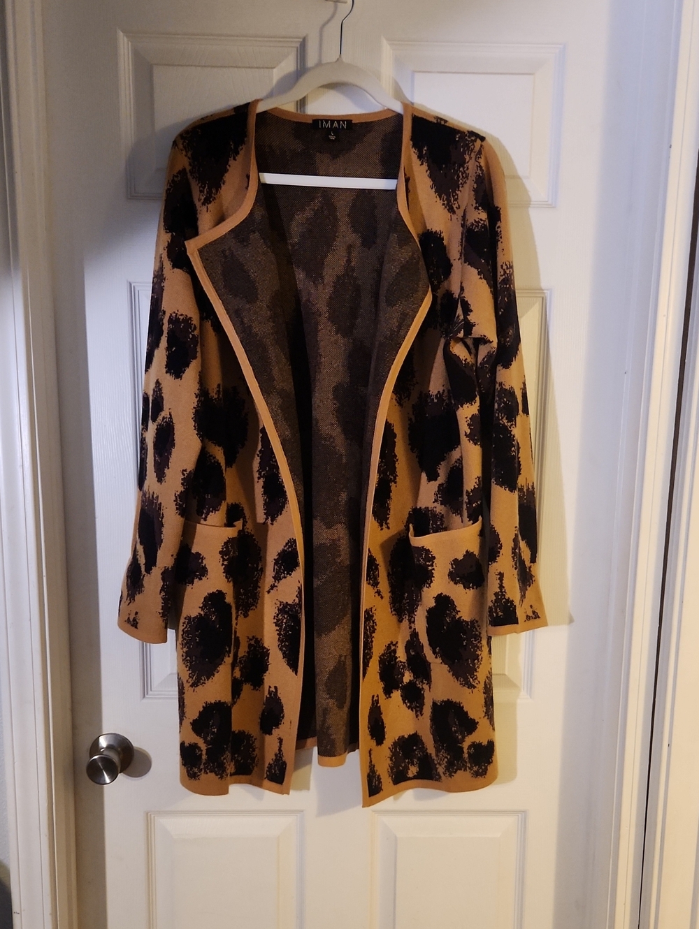 IMAN Camel and Black Leopard-Print Open Cardigan
